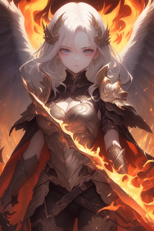 (( Extremely Stunning Illustrations , 8k, masterpiece :1.2,  sharp concentration  :1.2,  depth of writing:1.2)), Beautiful Swordsman,  absurd,  High Definition Face and Skin Textures,  Silver Hair, Jet Black Armor, Flame Armor, Cloak on Fire, Flaming Sword, Wings of Fire, Determination to overcome sadness, Signs of determination in your kind eyes , Strong Soul