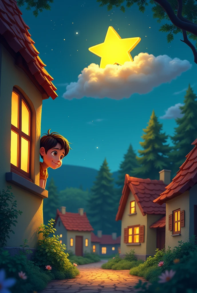 Cozy village with quaint houses, rolling hills, and a starry night sky. Milio, a small boy with big eyes and a curious expression, stands looking up at the stars.
