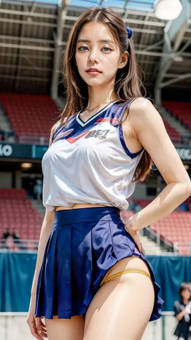 A beautiful young Japanese woman, 20 years old, with perfect anatomy, healthy thighs, beautiful feet, flawless skin, random hair color and style, large bust, (she is standing:1.2), wearing a cheerleader uniform with micro-pleated miniskirt, in a full body shot, standing in a stadium, (best quality,4k,8k, highres, masterpiece:1.3), (extremely detailed:1.2), Yuko Araki