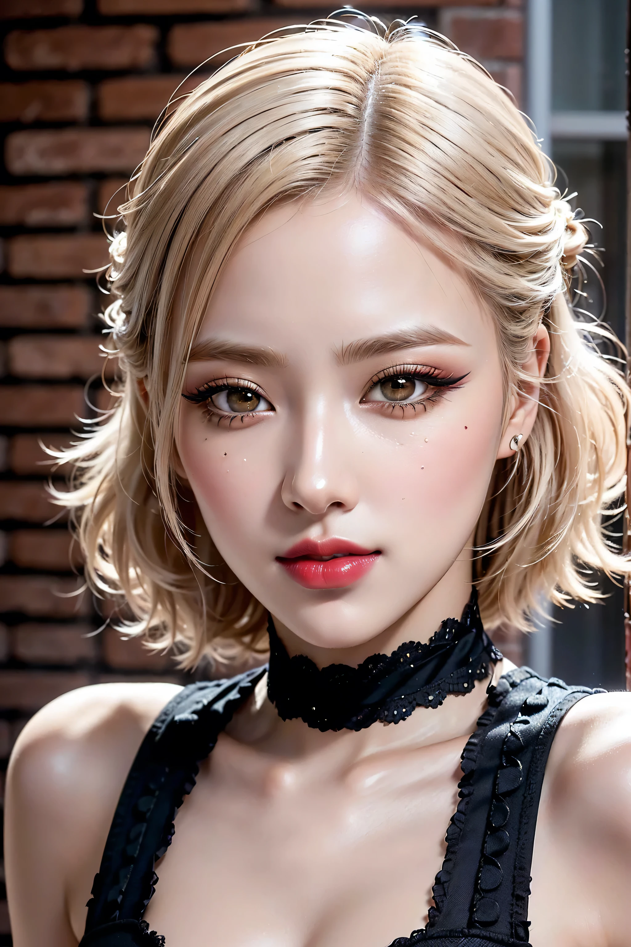 Realistic (photorealistic Realism), (high resolution), ((intricately detailed digital art)), professional photography, ((portrait) a kpop idols, [Rosé from blackpink]:1.3), (ultra realistic texture details: velvety skin, hair),(close- up eyes:1.3),((sharp focus, no blurry, high resolution, absurd quality, Realistic brown_eyes:1.4), intricately detailed:1.3), ((extremely fine details eyes)), ((extra narrow eyebrows)), (Carefully draw Long eyelashes), (perfect round eyes:1.3), (finely detailed pupils:1.3), ((extremely fine details pupils:1.3)), ((extremely fine details iris of the eyes:1.3)), (Shining, mesmerizing, Vibrant eyes:1.2), (professional makeup:1.4), ((perfect eyeshadows:1.4)), detailed lips:1.3, (apply glossy red_lipstick:1.34), (pink_makeup:1.3), (beautiful little nose), (perfect proportions:1.2),(small head),(anatomically correct), perfect female body, (firm and full breasts), (Super beautiful), (vivid and colorful), The attention to detail, focus of girl, dynamic pose, sexy and seductive, flirty smile, dslr, high quality split lighting, sharp focus captured by Fujifilm XT3, f 5.6, in a dramatic lighting, (perfect composition), (Style your hair, short hair, golden hair, curls at the ends of the hair, hair above one eye,(short blonde, combed to the side)), choker, ((Brick wall, Graffiti)), (oversized shirt,Outside the shoulder, transparent white shirt), exquisite balance of shadows, look at the viewer,