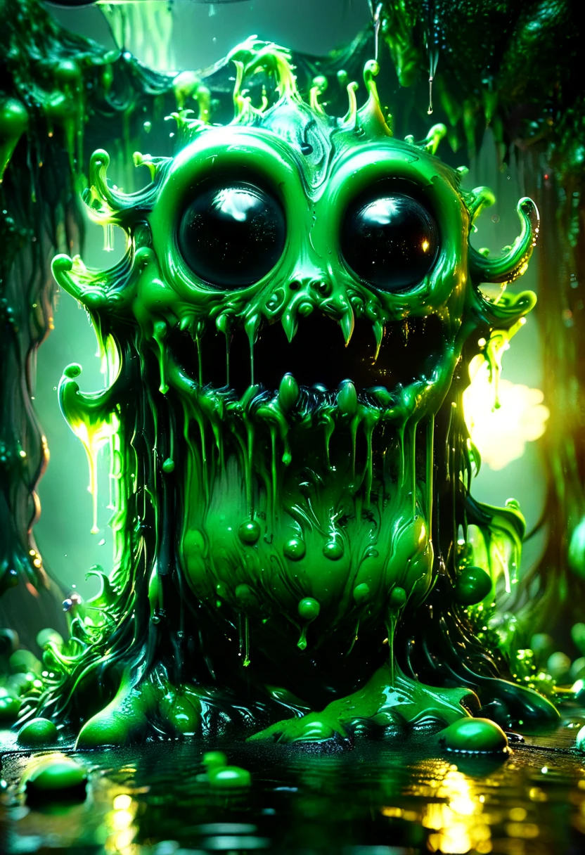 a green slime monster, slimy and oozing, dripping with viscous goo, grotesque and unsettling, creeping and crawling, detailed and realistic, 3D render, horror atmosphere, gloomy lighting, moody colors, dark and eerie