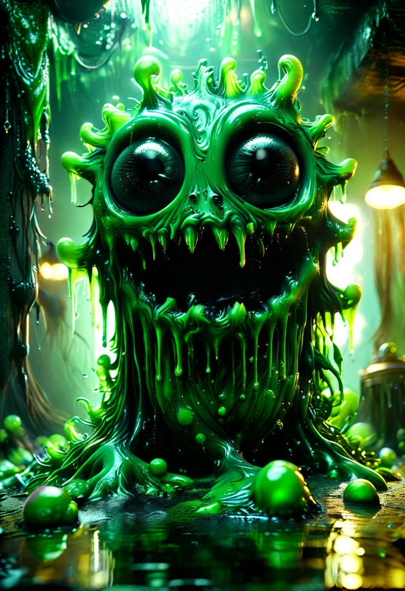 a green slime monster, slimy and oozing, dripping with viscous goo, grotesque and unsettling, creeping and crawling, detailed and realistic, 3D render, horror atmosphere, gloomy lighting, moody colors, dark and eerie