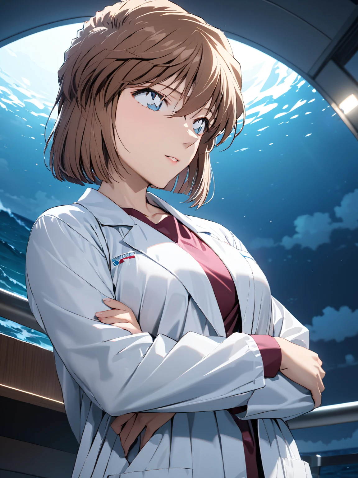 (Haibara Ai),  brown hair, White, Female doctor, Night sea,  cowboy shot ,  low angle, masterpiece:1.5, masterpiece, highest quality, UHD, retina, masterpiece, accurate anatomy, super detailed, high quality, best quality, 8k