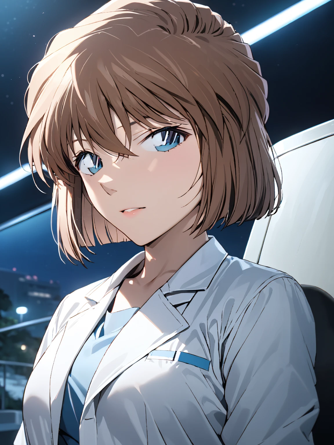 (Haibara Ai),  brown hair, White, Female doctor, Night sea,  cowboy shot ,  low angle, masterpiece:1.5, masterpiece, highest quality, UHD, retina, masterpiece, accurate anatomy, super detailed, high quality, best quality, 8k