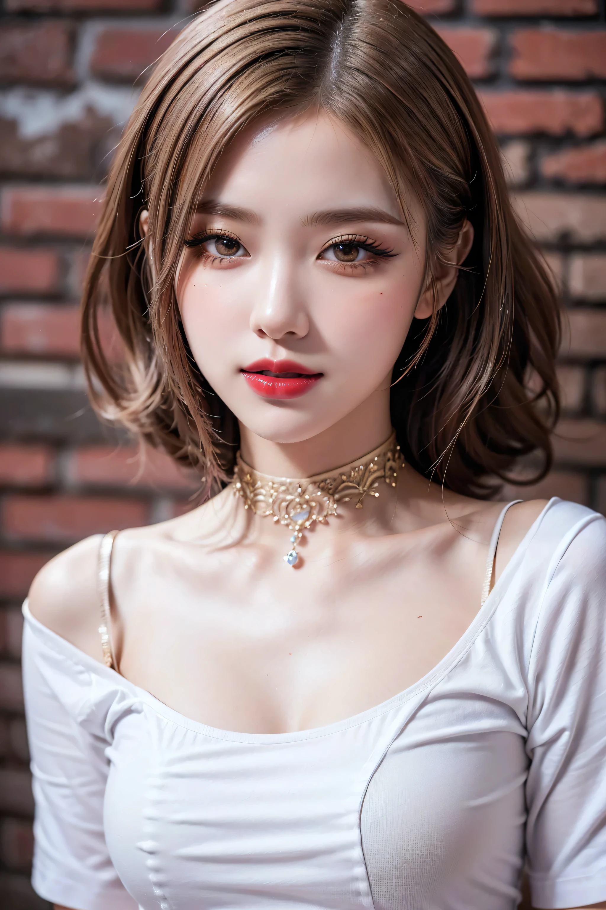 Realistic (photorealistic Realism), (high resolution), ((intricately detailed digital art)), professional photography, ((portrait) a kpop idols, [Rosé from blackpink]:1.3), (ultra realistic texture details: velvety skin, hair),(close- up eyes:1.3),((sharp focus, no blurry, high resolution, absurd quality, Realistic brown_eyes:1.4), intricately detailed:1.3), ((extremely fine details eyes)), ((extra narrow eyebrows)), (Carefully draw Long eyelashes), (perfect round eyes:1.3), (finely detailed pupils:1.3), ((extremely fine details pupils:1.3)), ((extremely fine details iris of the eyes:1.3)), (Shining, mesmerizing, Vibrant eyes:1.2), (professional makeup:1.4), ((perfect eyeshadows:1.4)), detailed lips:1.3, (apply glossy red_lipstick:1.34), (pink_makeup:1.3), (beautiful little nose), (perfect proportions:1.2),(small head),(anatomically correct), perfect female body, (firm and full breasts), (Super beautiful), (vivid and colorful), The attention to detail, focus of girl, dynamic pose, sexy and seductive, flirty smile, dslr, high quality split lighting, sharp focus captured by Fujifilm XT3, f 5.6, in a dramatic lighting, (perfect composition), (Style your hair, short hair, golden hair, curls at the ends of the hair, hair above one eye,(short blonde, combed to the side)), choker, ((Brick wall, Graffiti)), (oversized shirt,Outside the shoulder, transparent white shirt), exquisite balance of shadows, look at the viewer,