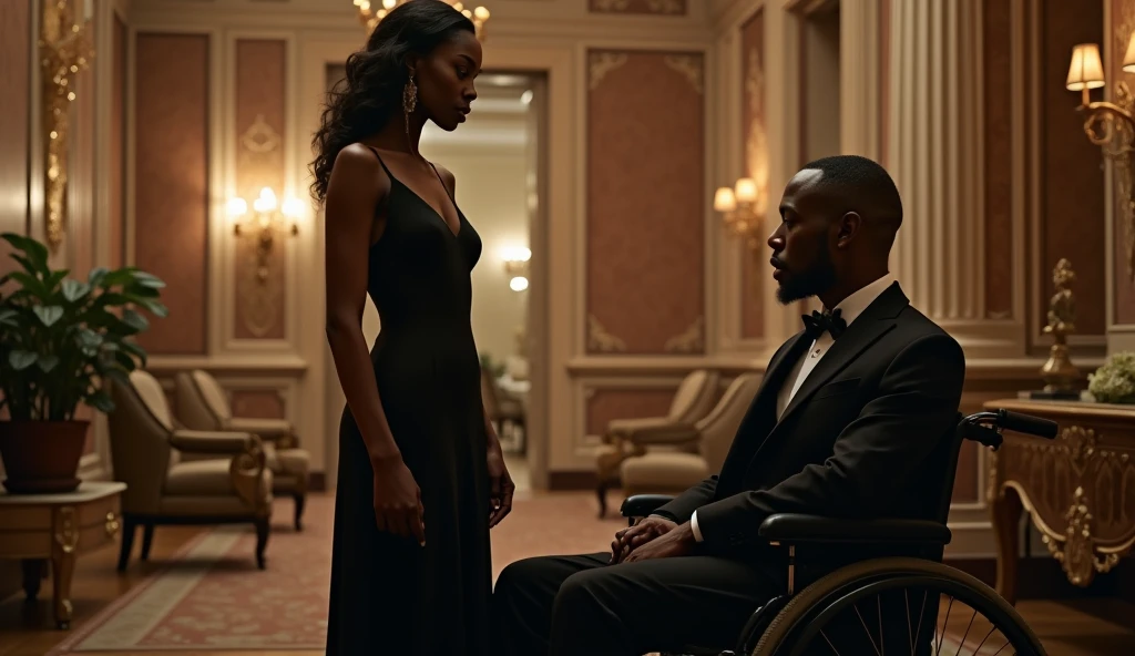 An African tall dark handsome man at the door Generate an image of a money on the floor with a dark black beautiful woman in a modest dress sitting by the money in a luxurious living room