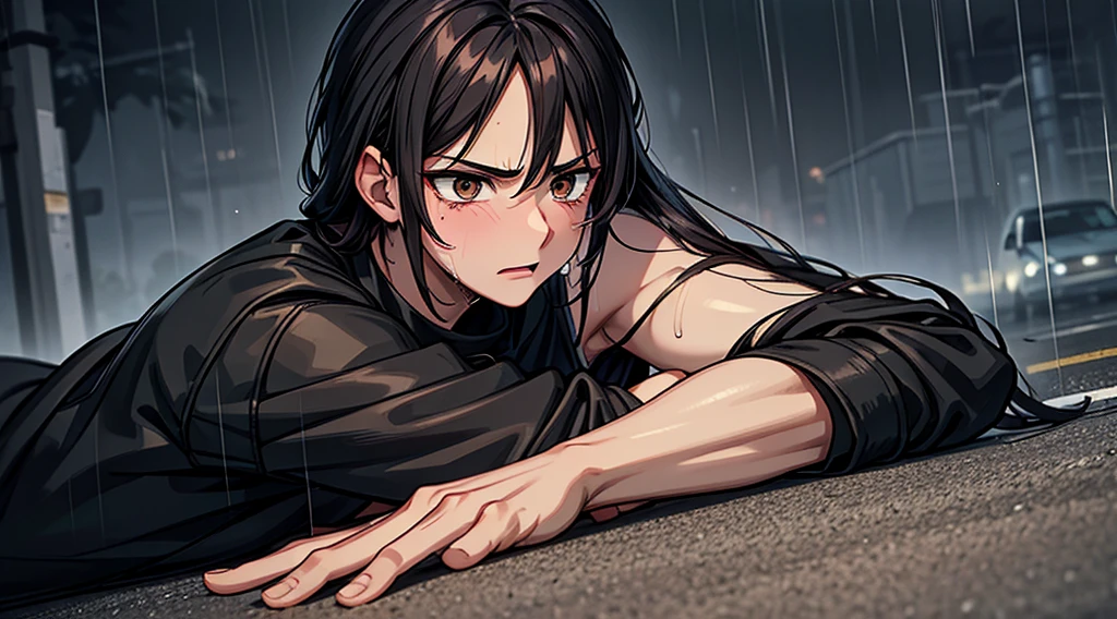 Handsome Boy Fair Colour Weak With Black Hairs And Brown Eyes Crying In Rain On Road Injured And With A Angry Impression On His face,His Mom Is Lying Dead on The Road Anime Style