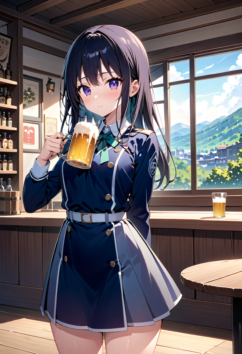  top quality 、 super detailed 、 High Resolution Illustration 、Ultra-high-definition CG、８k size wallpaper、 production art、 light novel illustration with beer in hand、 check it out, Licorice Uniform