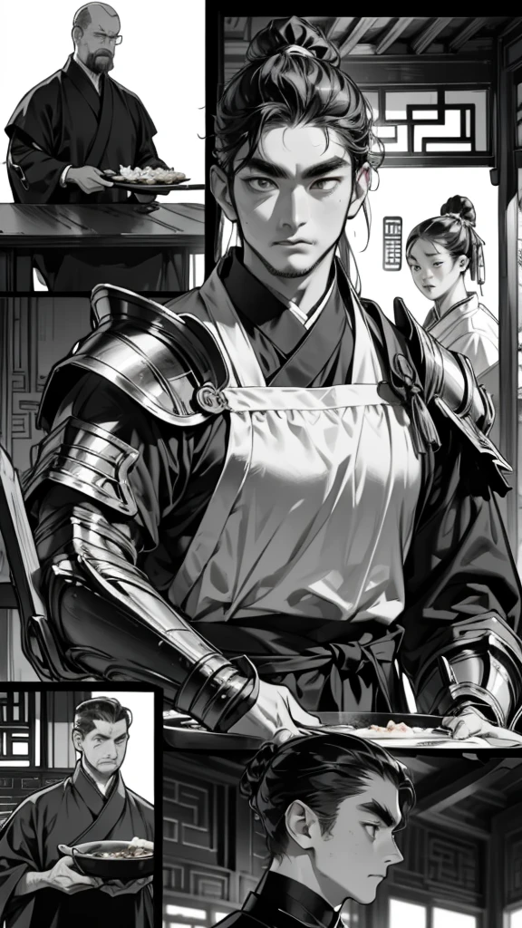  comics、Black and White、 Man in Armor's Restaurant、4 scenes、Chinese style、cooking scene 