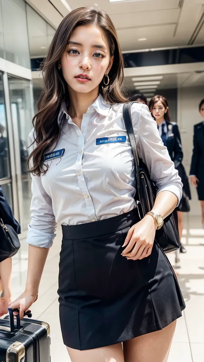 A beautiful, 24-year-old Japanese woman with perfect anatomy, healthy thighs, beautiful legs, beautiful skin, random hair color and style, large breasts, (wearing a flight attendant uniform with a mini-skirt:1.3), (she is standing:1.2), full body shot, pumps, carrying a suitcase, at the airport, (best quality,4k,8k,highres,masterpiece:1.3),(extremely detailed:1.2),realistic,photorealistic,photo-realistic:1.37,professional,vivid colors, studio lighting, Yuko Araki