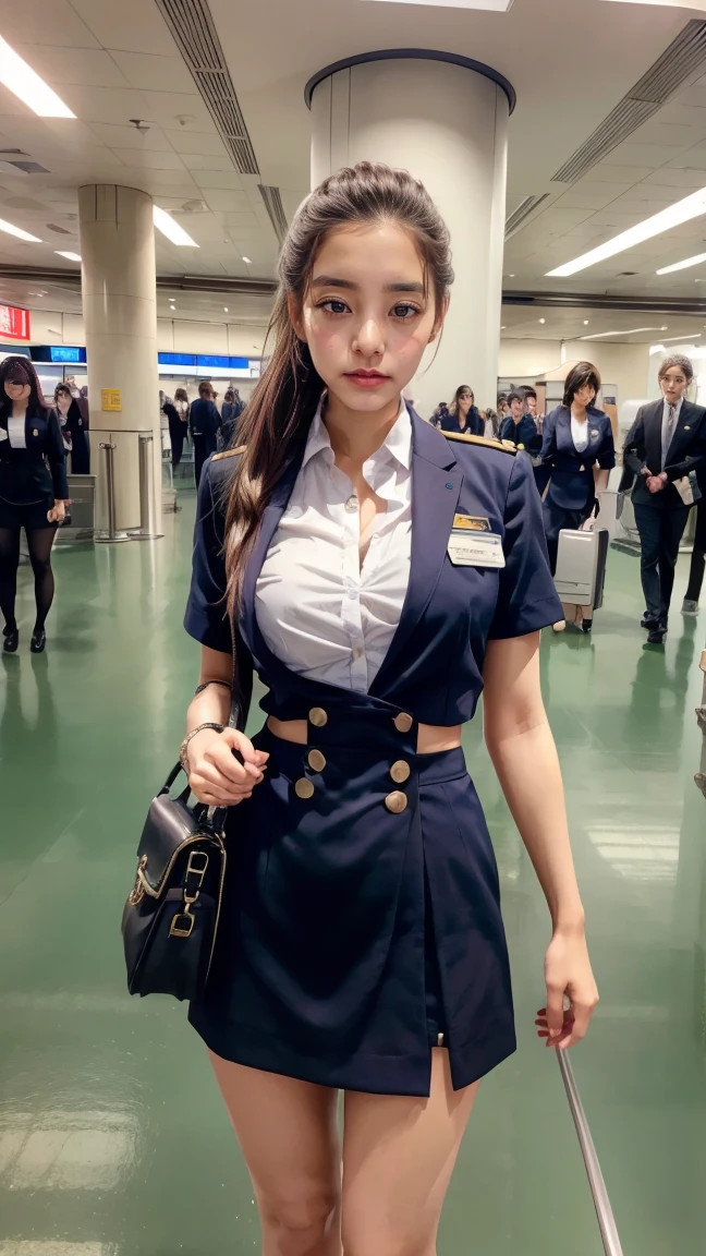 A beautiful, 24-year-old Japanese woman with perfect anatomy, healthy thighs, beautiful legs, beautiful skin, random hair color and style, large breasts, (wearing a flight attendant uniform with a mini-skirt:1.3), (she is standing:1.2), full body shot, pumps, carrying a suitcase, at the airport, (best quality,4k,8k,highres,masterpiece:1.3),(extremely detailed:1.2),realistic,photorealistic,photo-realistic:1.37,professional,vivid colors, studio lighting, Yuko Araki