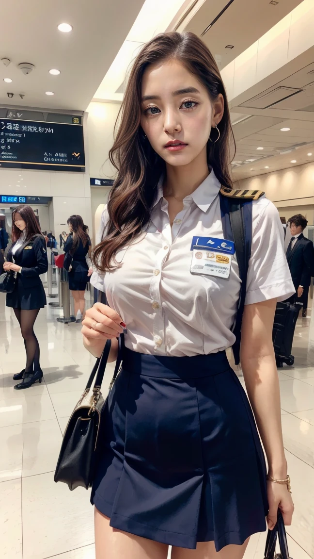 A beautiful, 24-year-old Japanese woman with perfect anatomy, healthy thighs, beautiful legs, beautiful skin, random hair color and style, large breasts, (wearing a flight attendant uniform with a mini-skirt:1.3), (she is standing:1.2), full body shot, pumps, carrying a suitcase, at the airport, (best quality,4k,8k,highres,masterpiece:1.3),(extremely detailed:1.2),realistic,photorealistic,photo-realistic:1.37,professional,vivid colors, studio lighting, Yuko Araki