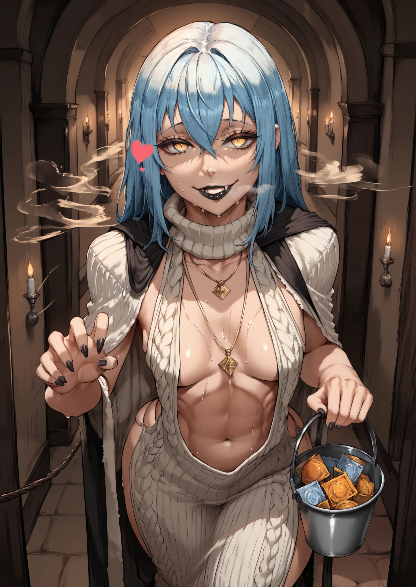 (cutesexyrobutts style:0.8), asura style, GrRimuru, rimuru tempest, long hair, hair between eyes, blue hair, yellow eyes, androgynous, mature female, (black lipstick, black lips:1.3), (small breasts:1.3), BREAK detailed eyes, (perfect hands, perfect anatomy), detailed eyes, (perfect hands, perfect anatomy), (skindentation:1.2), excessive sweating, sweating profusely, sweating drop, (gasping, heavy breathing:1.2), (glow effect:1.2), beautiful detailed eyes, beautiful detailed lips, extremely detailed face and portrait, elegant expression, soft warm lighting, volumetric lighting, cinematic composition, detailed environment, lush garden, vibrant colors, intricate details, masterpiece, high resolution, digital painting, excessive sweating, sweating profusely, sweating drop BREAK, hearts, pleasured, 1girl, breasts, mature female, solo, navel, virgin destroyer sweater, necklace, standing, claw pose, holding bucket, halloween, looking at viewer, fangs, smirk, collarbone, condom, condom box, thighs, curvy, hallway, dim light, cape, black nails, 