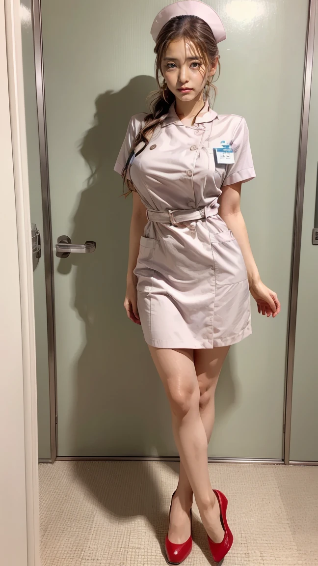 a beautiful young 24-year-old Japanese woman, beautiful, detailed anatomy, beautiful skin, random hair color and hairstyle, big breasts, nurse hat, (nurse uniform:1.3), nurse cap, (she is standing:1.2), full body shot, high heels, hospital, (best quality,8k, masterpiece:1.3), (extremely detailed:1.2), Yuko Araki