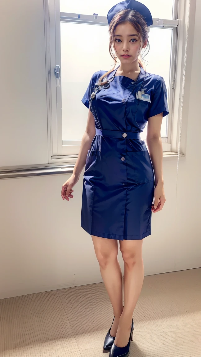 a beautiful young 24-year-old Japanese woman, beautiful, detailed anatomy, beautiful skin, random hair color and hairstyle, big breasts, nurse hat, (nurse uniform:1.3), nurse cap, (she is standing:1.2), full body shot, high heels, hospital, (best quality,8k, masterpiece:1.3), (extremely detailed:1.2), Yuko Araki