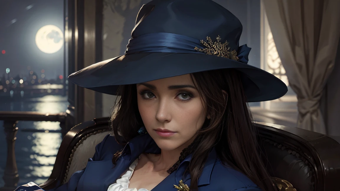 8K,  best quality, masterpiece, Victoria Villarruel playing the piano dressed as a mobster in a blue suit and hat, detailed face, smooth face,  long dark brown hair , on a dark balcony in the moonlight .