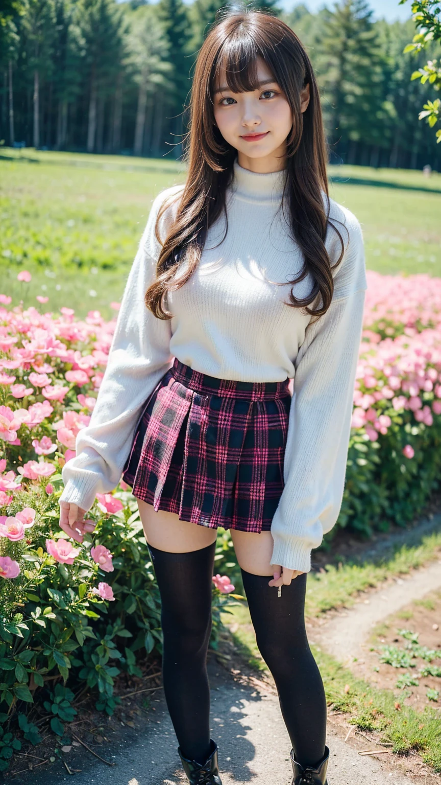 (8k、     RAW photos   、   top quality、masterpiece   :1.2)、(   realistic  、   realistic  )、1 person、((bangs、tights、 boots、Pink knit、 Long Sleeve 、smile、whole body、 Black Plaid Mini Skirt、Flower Field、Narrow waist、 curled hair 、  standing facing you   )、 cute