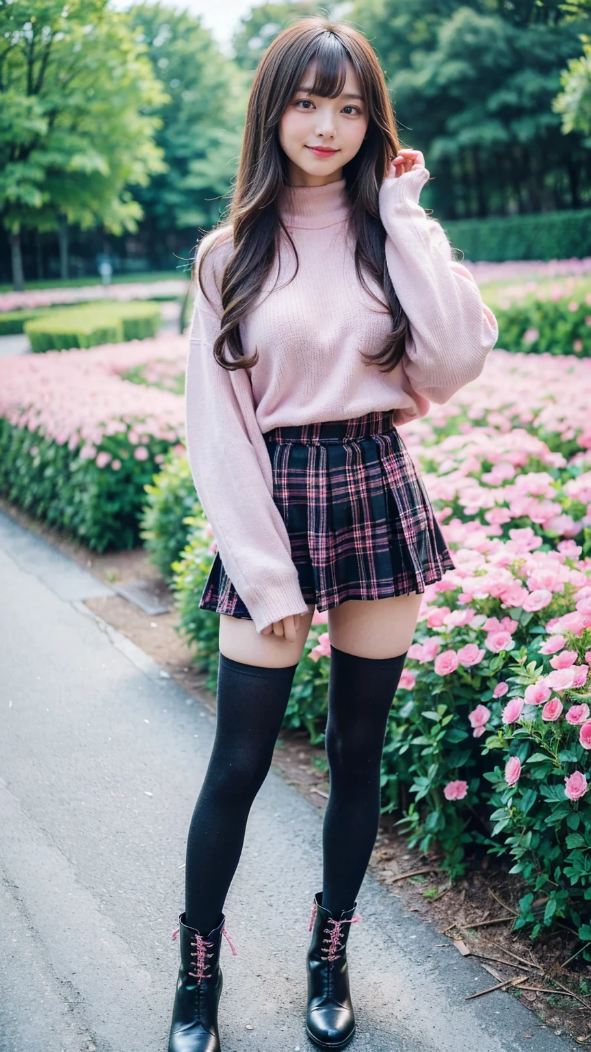 (8k、     RAW photos   、   top quality、masterpiece   :1.2)、(   realistic  、   realistic  )、1 person、((bangs、tights、 boots、Pink knit、 Long Sleeve 、smile、whole body、 Black Plaid Mini Skirt、Flower Field、Narrow waist、 curled hair 、  standing facing you   )、 cute