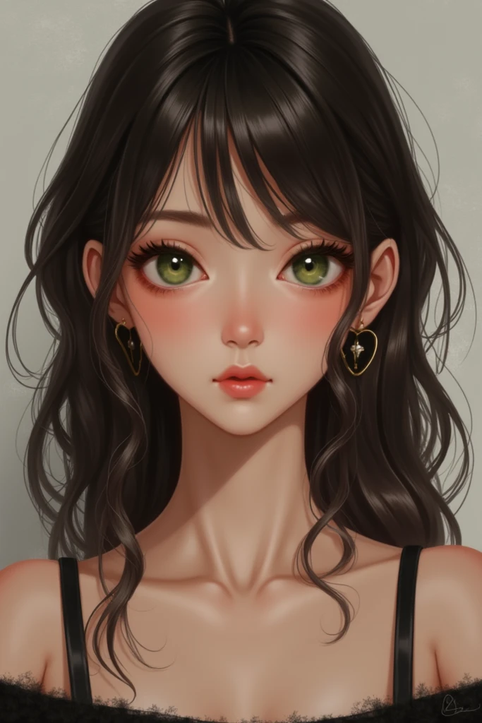 detailed, masterpiece,1girl, (beautiful detailed eyes),solo, cute, large breasts ,beautiful face,green eyes,black hair, curly hair, long hair, blunt bang,