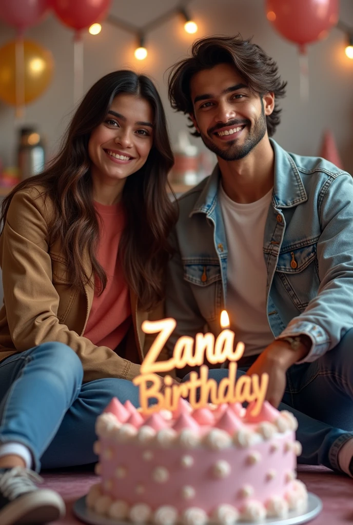 A joyful birthday scene where a Woman is wearing a beautiful dress, standing next to a cake that has 'Fiza' written on it in icing. In the background, the words 'Happy Birthday' are clearly visible, adding to the festive atmosphere. A man is clapping happily beside her, and on the back of his jacket, the name 'Aman' is prominently displayed, creating a lively and celebratory 3D environment ultra realistic photography hd 32K