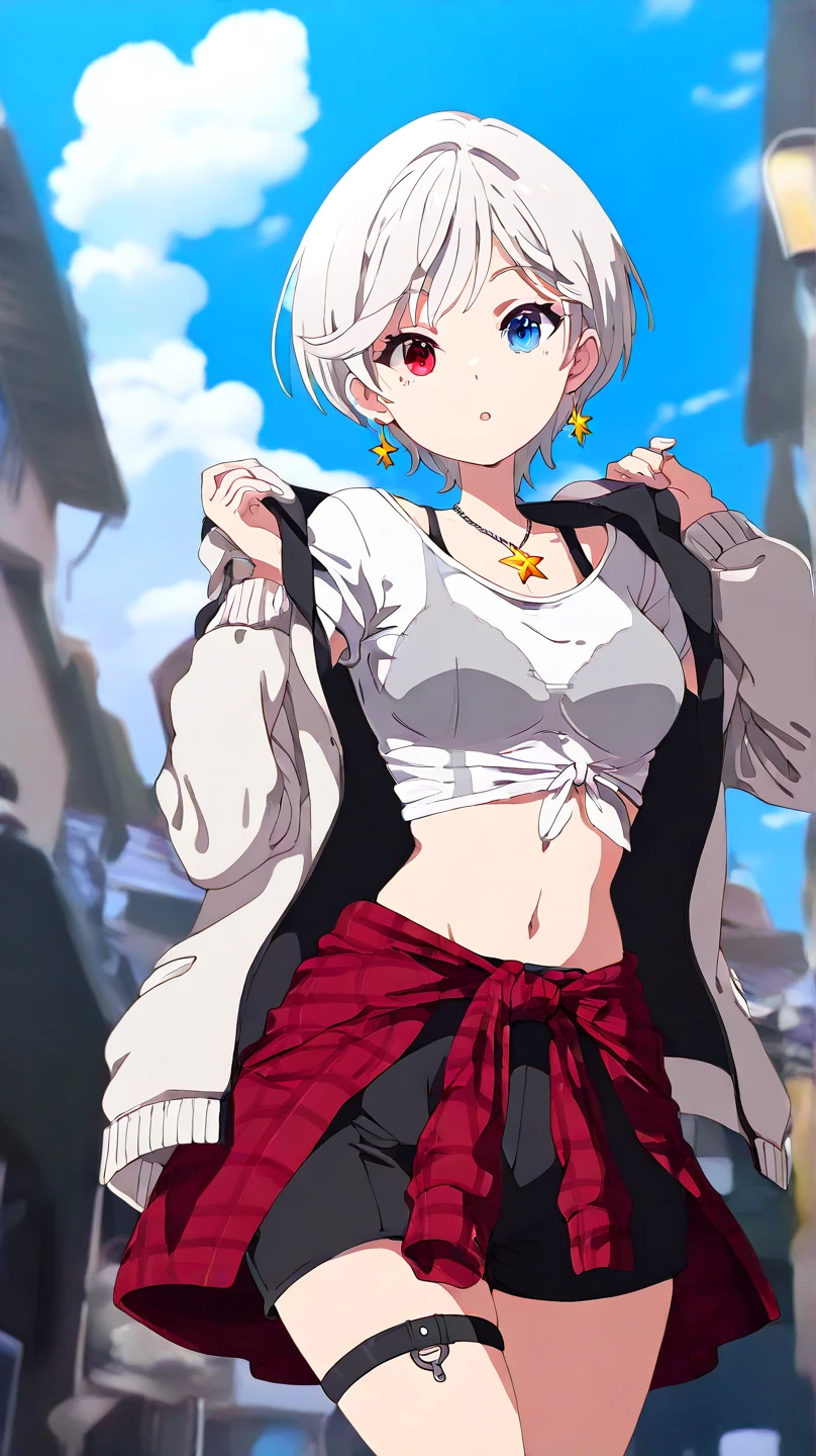 No bad hand, no bad finger, ultra detailed, silver hair, short hair,1girl, solo. Top:
Type of Clothing: A loose-fitting, long-sleeve crop top in white.
Design Details: It reveals the waist slightly, with a black sports bra visible underneath.
Accessory: A necklace with a gold star-shaped pendant hanging from the neck.
 Bottoms:
Shorts: Tight black shorts with a modern cut.
Details: Features white elastic straps connecting the shorts to a garter-style strap on the right thigh.
Additional Outerwear:
Type of Clothing: A red quilted flannel shirt or lightweight jacket tied casually around the waist.
 Additional Accessories:
Waist: A small metal chain hanging on the right side.
Right Thigh: An elastic garter-style strap, adding a futuristic and edgy look.
Physical Characteristics:
Hair: Short, silver-white hair with a slightly messy style and side-swept bangs.
Eyes: 
Heterochromia iridis),(left eye,Red eyes),(right eye,blue eyes),
General Vibe:
1girl, solo, young, medium breasts, ultra cute kawaii, slender body, Happy New Year, May 2025 be a wonderful year with happiness and success with you all, I hope to see you all again someday, \(postscript\) I have recently become interested in making fancy cake at home,