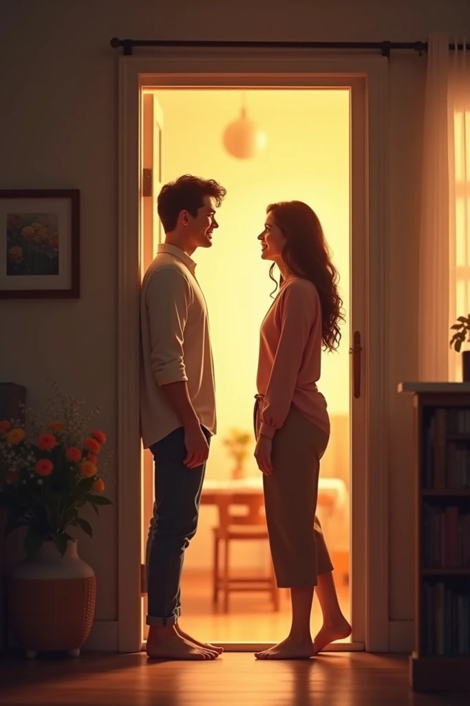 A couple meeting for the first time at the door of a hotel room. He's inside and she slams the door. He simple clothes, she simple dress, simple hotel. They are happy at this first meeting and hug each other..