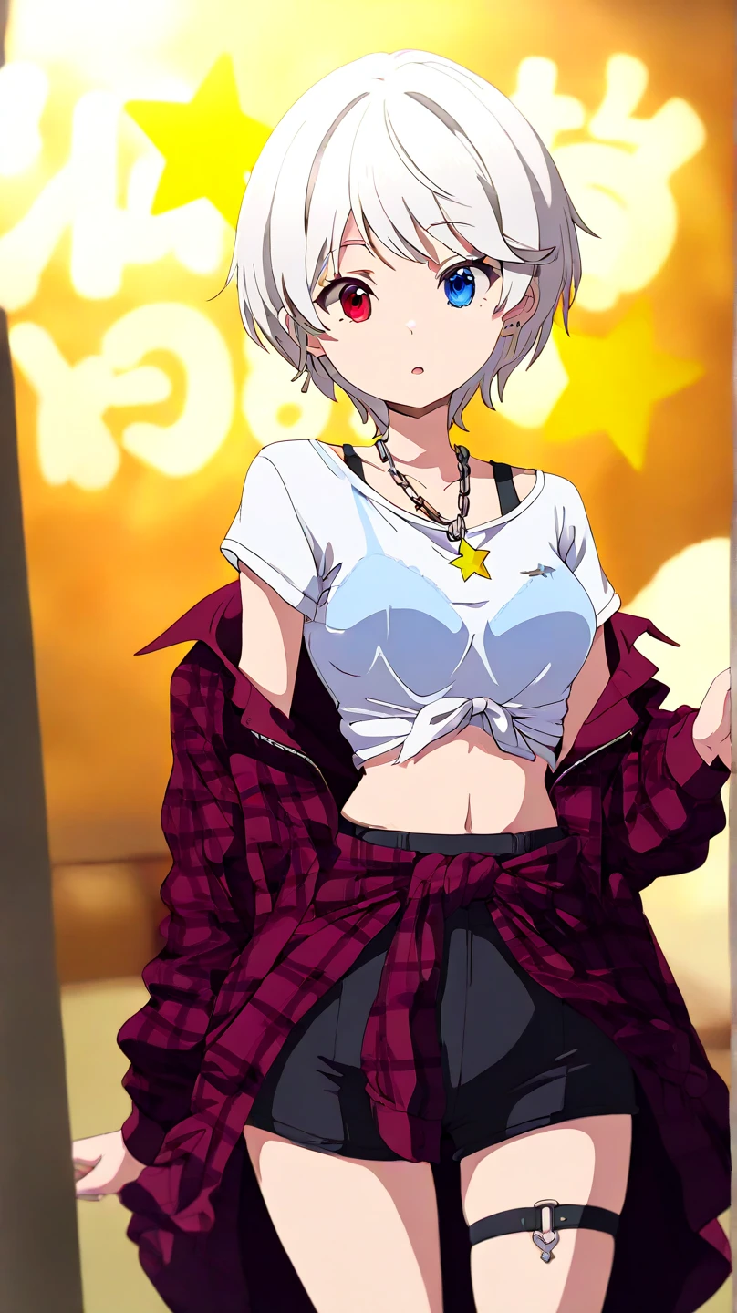 No bad hand, no bad finger, ultra detailed, silver hair, short hair,1girl, solo. Top:
Type of Clothing: A loose-fitting, long-sleeve crop top in white.
Design Details: It reveals the waist slightly, with a black sports bra visible underneath.
Accessory: A necklace with a gold star-shaped pendant hanging from the neck.
 Bottoms:
Shorts: Tight black shorts with a modern cut.
Details: Features white elastic straps connecting the shorts to a garter-style strap on the right thigh.
Additional Outerwear:
Type of Clothing: A red quilted flannel shirt or lightweight jacket tied casually around the waist.
 Additional Accessories:
Waist: A small metal chain hanging on the right side.
Right Thigh: An elastic garter-style strap, adding a futuristic and edgy look.
Physical Characteristics:
Hair: Short, silver-white hair with a slightly messy style and side-swept bangs.
Eyes: 
Heterochromia iridis),(left eye,Red eyes),(right eye,blue eyes),
General Vibe:
1girl, solo, young, medium breasts, ultra cute kawaii, slender body, Happy New Year, May 2025 be a wonderful year with happiness and success with you all, I hope to see you all again someday, \(postscript\) I have recently become interested in making fancy cake at home,