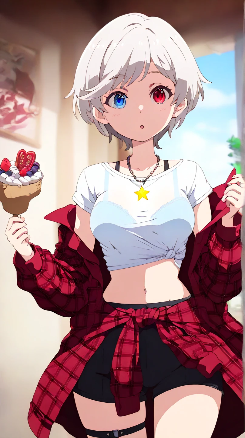 No bad hand, no bad finger, ultra detailed, silver hair, short hair,1girl, solo. Top:
Type of Clothing: A loose-fitting, long-sleeve crop top in white.
Design Details: It reveals the waist slightly, with a black sports bra visible underneath.
Accessory: A necklace with a gold star-shaped pendant hanging from the neck.
 Bottoms:
Shorts: Tight black shorts with a modern cut.
Details: Features white elastic straps connecting the shorts to a garter-style strap on the right thigh.
Additional Outerwear:
Type of Clothing: A red quilted flannel shirt or lightweight jacket tied casually around the waist.
 Additional Accessories:
Waist: A small metal chain hanging on the right side.
Right Thigh: An elastic garter-style strap, adding a futuristic and edgy look.
Physical Characteristics:
Hair: Short, silver-white hair with a slightly messy style and side-swept bangs.
Eyes: 
Heterochromia iridis),(left eye,Red eyes),(right eye,blue eyes),
General Vibe:
1girl, solo, young, medium breasts, ultra cute kawaii, slender body, Happy New Year, May 2025 be a wonderful year with happiness and success with you all, I hope to see you all again someday, \(postscript\) I have recently become interested in making fancy cake at home,