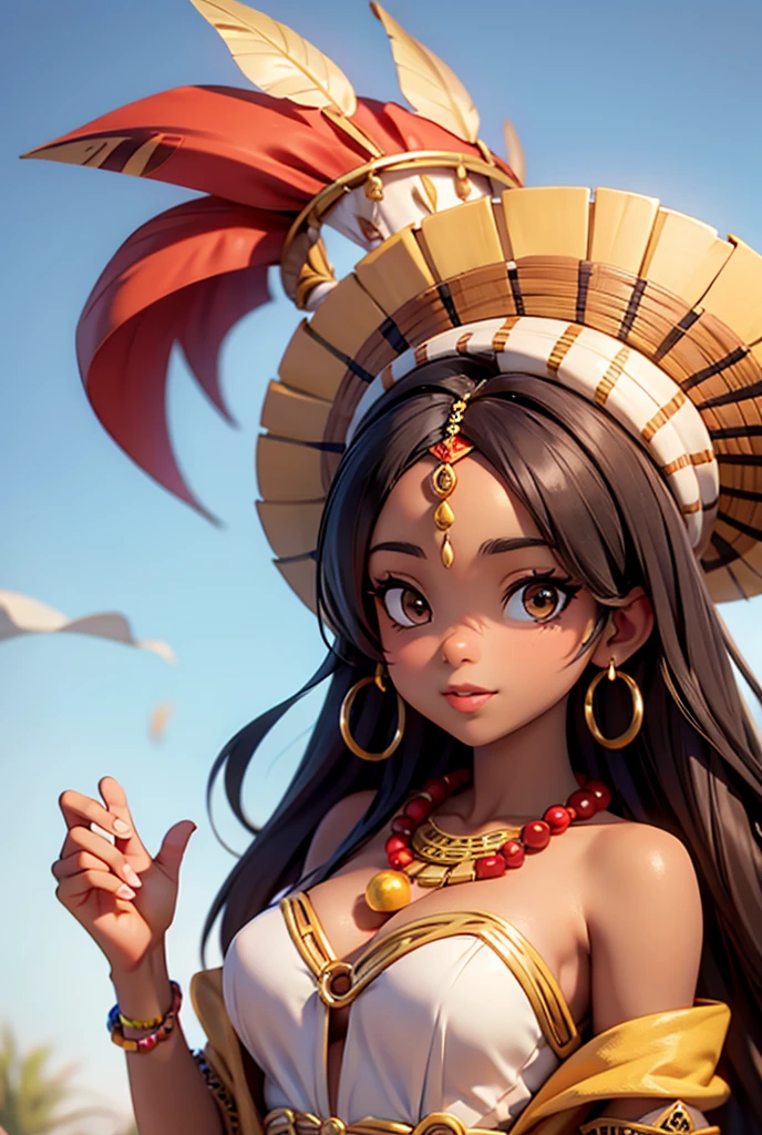 Alawi woman in native costume poses on a beach with palm trees, aztec princess portrait, Gorgeous Role Play, aztec queen, alena aenami and artgerm, aztec warrior goddess, aztec empress, Guviz-style artwork, she is dressed in shaman clothes, senna from league of legends, beautiful teenage girl, Anime girl cosplay