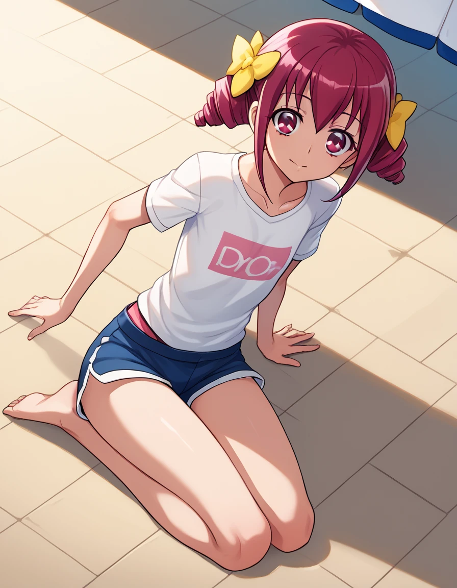 score_9,  source_Anime, rating_SAFETY BREAK 1GIRL , solo
hoshizora miyuki ,  pink hair,  twin drill, pink eye,((((T-Shirts、Shorts))))、( flat chest)、(beach)、(( sit on the floor:1.5))