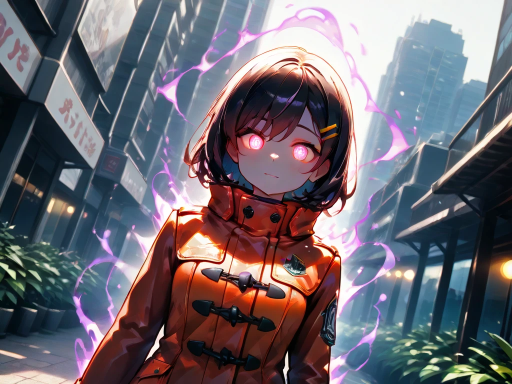 Alone,1girl\(Haruna,Haruna,Haruna,Aaron,(Aaron:1.3), 1girl, cute, beautiful, beautiful eyes, red survival coat,glowing eyes, psychic purple spark aura\), jungled (Collapse city), jungle urban. masterpiece, best quality,beautiful bokeh,dynamic angle, 3d, landscape