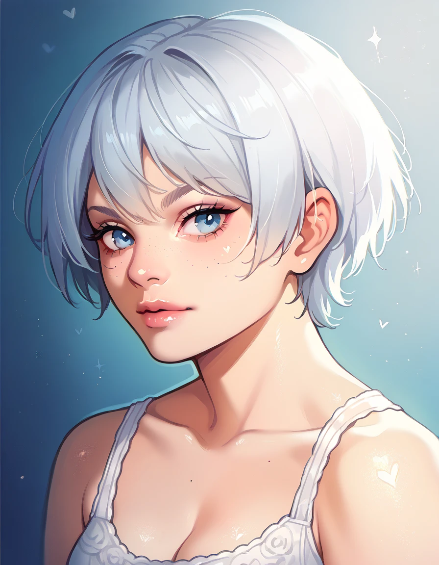 Create a sexy one with short white hair and blue eyes 