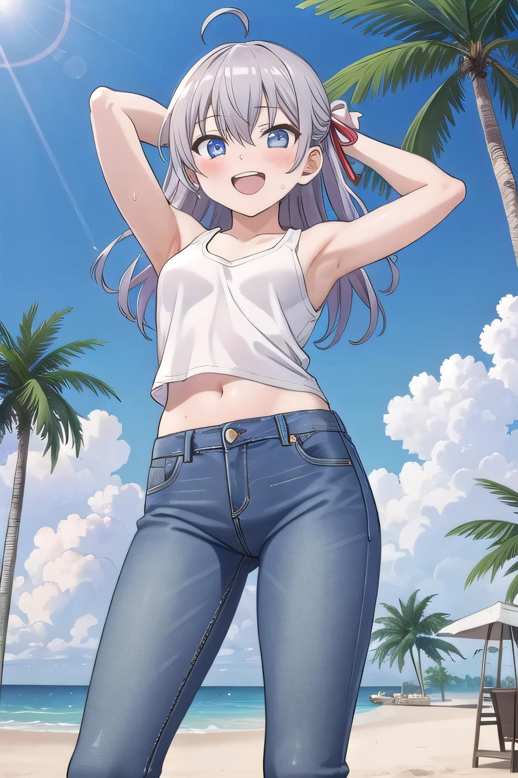 masterpiece,best quality,ultra detail,1girl, , peti ((round face, ecstasy, orgasm face, drooping eyes, shame smiling, blush)), dropping eyes, sleepy, background((under the beach, (day:1.2), palm tree, bright sky)), Alisa Mikhailovna Kujou, ahoge, long hair, grey hair, hair intakes, hair ribbon,red ribbon, sidelocks, hair between eyes,parted bangs, blue eyes, arms behind head, contrapposto, spread armpits, looking at viewer,, (white tank top:1.2), (white crop top:1.2), (jeans pants:1.2, flares jeans:1.2, skinny jeans:1.2, blue jeans:1.2), standing, (legs spread:1.2), sex pose, Sweaty crotch, Steam from the crotch, from below, full medium body