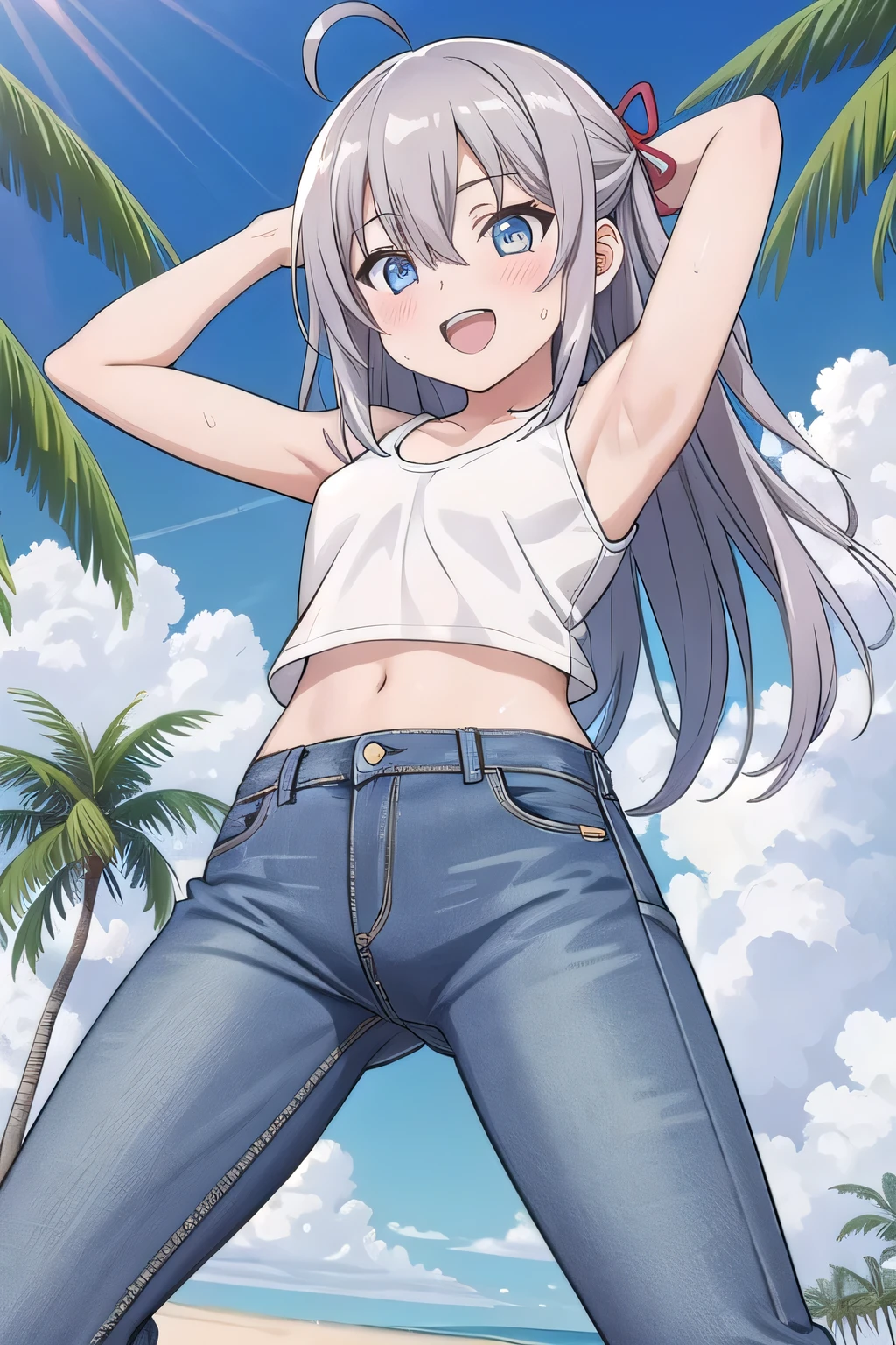 masterpiece,best quality,ultra detail,1girl, , peti ((round face, ecstasy, orgasm face, drooping eyes, shame smiling, blush)), dropping eyes, sleepy, background((under the beach, (day:1.2), palm tree, bright sky)), Alisa Mikhailovna Kujou, ahoge, long hair, grey hair, hair intakes, hair ribbon,red ribbon, sidelocks, hair between eyes,parted bangs, blue eyes, arms behind head, contrapposto, spread armpits, looking at viewer,, (white tank top:1.2), (white crop top:1.2), (jeans pants:1.2, flares jeans:1.2, skinny jeans:1.2, blue jeans:1.2), standing, (legs spread:1.2), sex pose, Sweaty crotch, Steam from the crotch, from below, full medium body