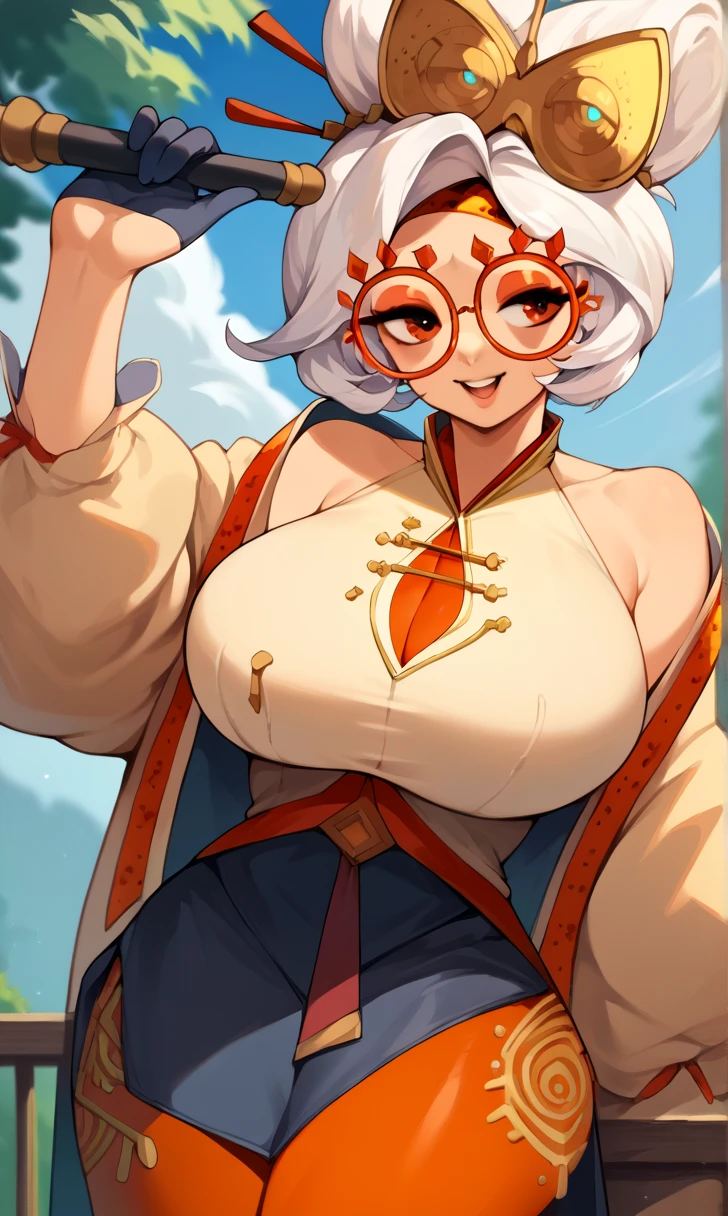 masterpiece, best quality, purah, red glasses, hair ornament, hair stick, red headband, topless, large breasts, bare shoulders, white jacket, nudity, nsfw, orange leggings, large breasts, looking at viewer, blank background, leaning forward, upper body, hands to hips, smile, medium closeup shot