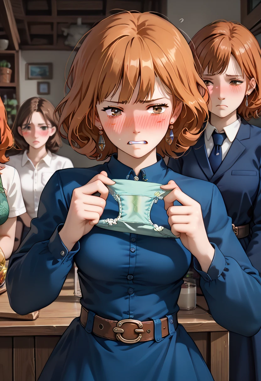 (Nausicaa,1girl,Orange hair, medium hair, brown eyes, medium breasts, earrings, (dark blue dress:1.3), , long_ sleeves, belt) straight-on　(cowboy shot:1.2) Looking Side:1.5 (embarrassed:1.5) narrowed eyebrows:1.3 ( Next:1.5) troubled eyebrows:1.3 (frown:1.3) clenched teeth:1.5 (narrowed eyes:1.5) (withdrawn face:1.6),nose blush:1.2 embarrassed,blush:1.5 feeling weak:1.3 (holding green panties unworn green panties Unworn green panties:1.5) hands panties standing:1.2 inner thigh:1.2 high quality panties:1.2 　An old wooden interior