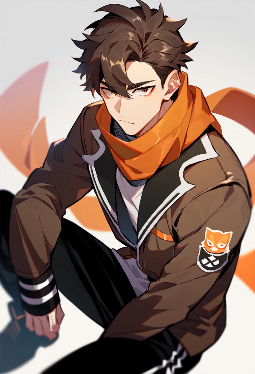 A boy with brown hair and a tuft of light orange hair, brown eyes, wearing a brown jacket with silver details, black pants with an orange scarf with an endomorphic build.