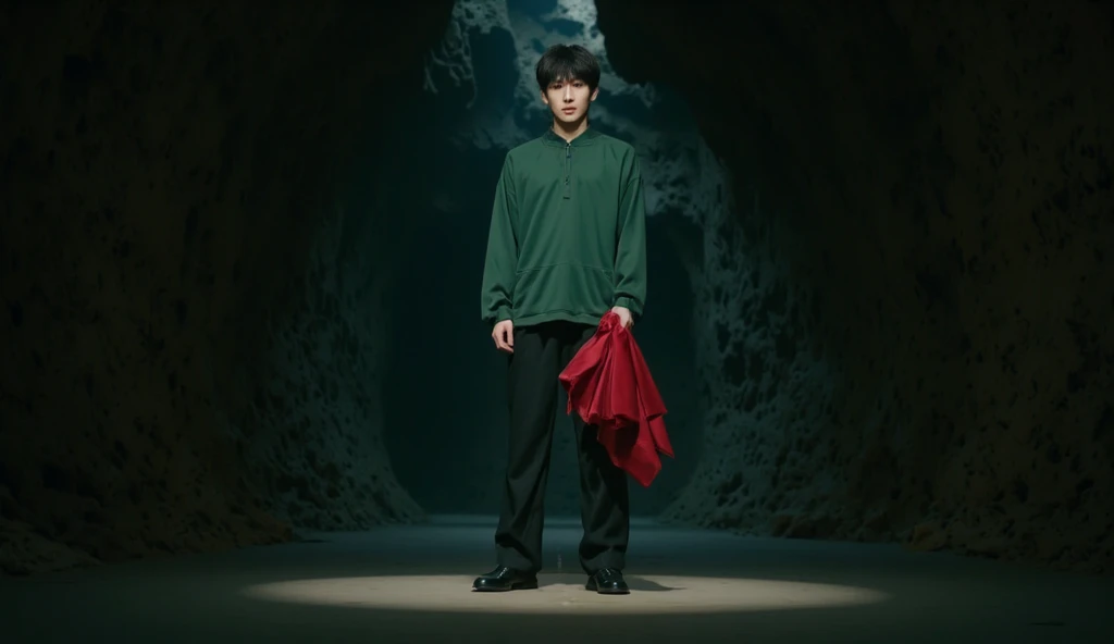 a handsome Korean man, a K-pop idol, wearing a green long-sleeved sports uniform and long legs, carrying a red cloth in a dark but competition-like cave.