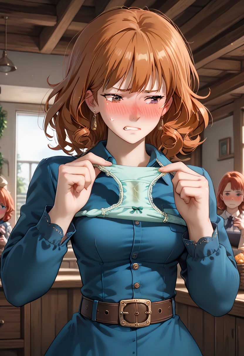 (Nausicaa,1girl,Orange hair, medium hair, brown eyes, medium breasts, earrings, (dark blue dress:1.0), , long_ sleeves, belt) straight-on　(cowboy shot:1.2) Looking Side:1.5 (embarrassed:1.5) narrowed eyebrows:1.3 ( Next:1.5) troubled eyebrows:1.3 (frown:1.3) clenched teeth:1.5 (narrowed eyes:1.5) (withdrawn face:1.6),nose blush:1.2 embarrassed,blush:1.5 feeling weak:1.3 (holding green panties unworn green panties Unworn green panties:1.5) hands panties standing:1.2 inner thigh:1.2 high quality panties:1.2 　An old wooden interior