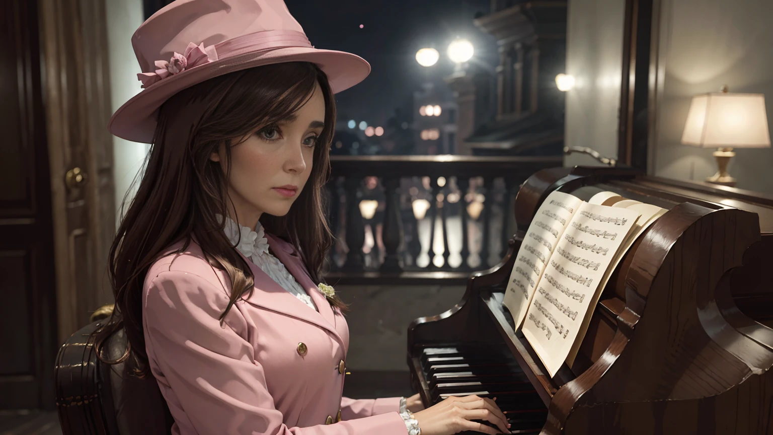 8K,  best quality, masterpiece, Victoria Villarruel playing the piano dressed as a mobster in a pink suit and hat, detailed face, smooth face,  long dark brown hair , on a dark balcony in the moonlight .