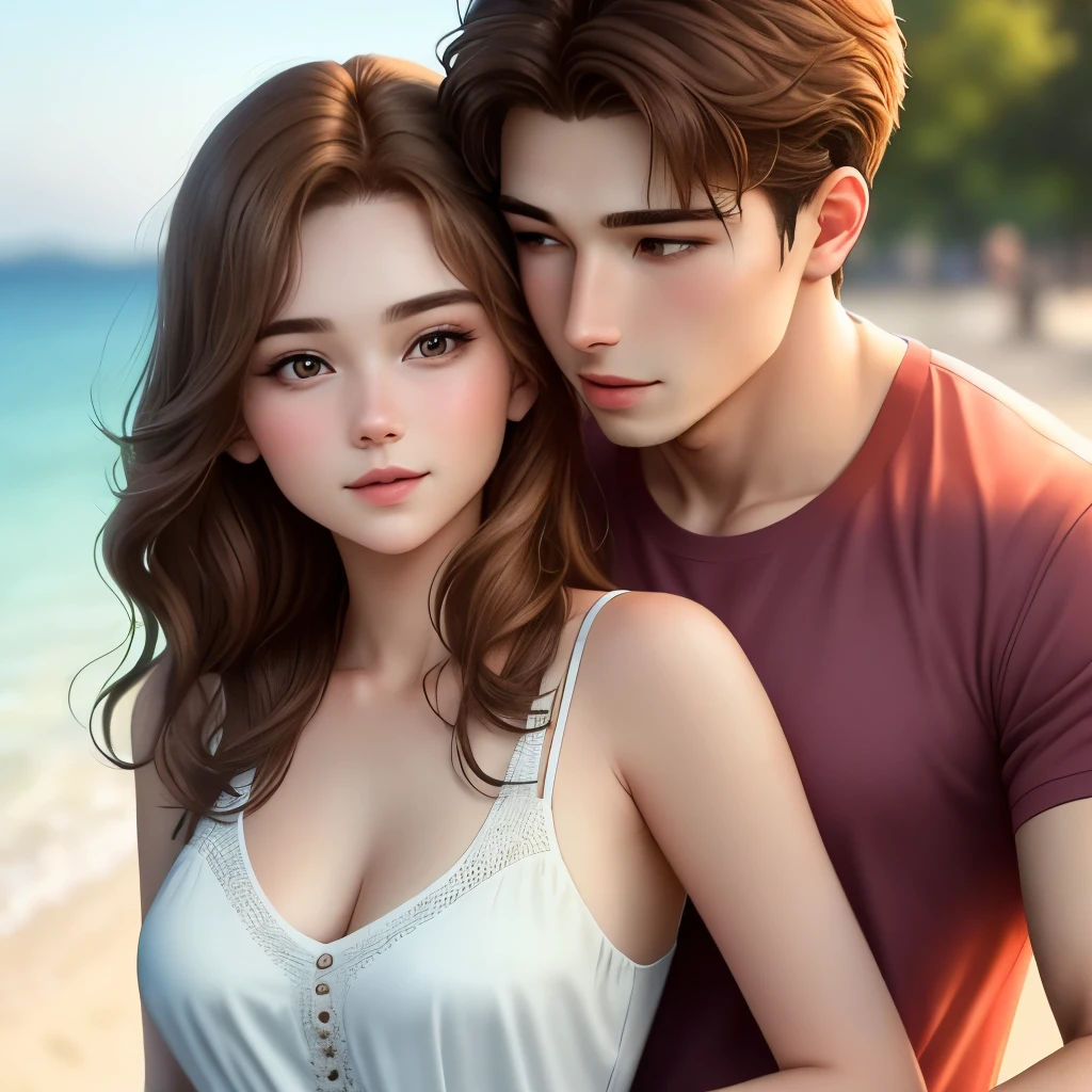 Brown hair, 1girl, 1boy, Couples who are joking romantically by the beach at dark sunset, sunset, natural light, centered, beautiful photograph, ray trace, hi-res, Surrealism, 8k, super detail
