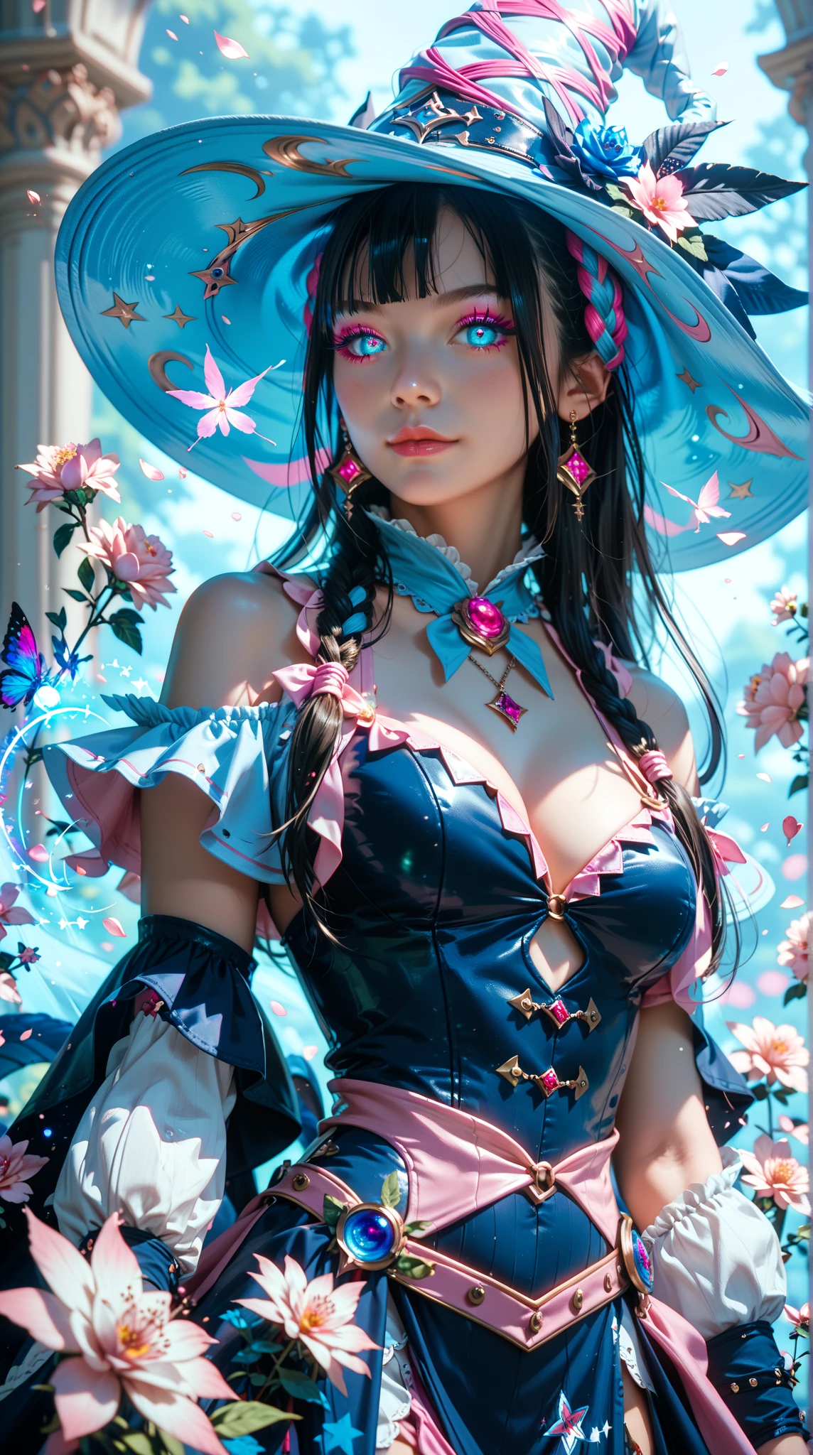 there is a woman in a blue dress and a pirate hat, inspired by Li Mei-shu, Fantasy with 4K detail, seductive mesmer woman, from ncsoft, inspired by Leng Mei, 8k octae render photo, from lineage 2, hyperdetailed fantasy character, mmo, a beautiful fantasy empress, photorealistic rendering of anime girl
