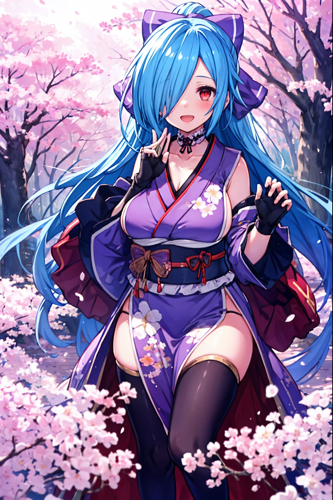 masterpiece, best quality, (1girl, solo),
yamato iori, 1ung_teirl, virtual youtuber, solo, gloves, bow, hair bow, long hair, hair over one eye, thighhighs, blue hair, fingerless gloves, red eyes, japanese clothes, full body, detached sleeves, ponytail, looking at viewer, black gloves, very long hair, (heavy&soft_large_breasts:1.4), purple bow, kimono, smile, open mouth, transparent background, standing, sash, obi, purple kimono
blush,cherry blossoms,
( outdoors, forest, upper body,  dynamic pose, looking at viewer, ),plump