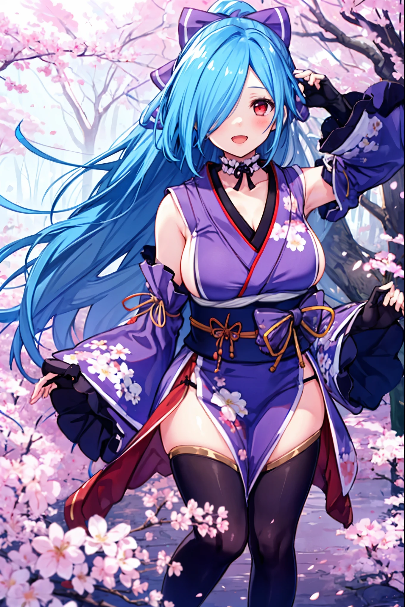 masterpiece, best quality, (1girl, solo),
yamato iori, 1young_teen_girl, virtual youtuber, solo, gloves, bow, hair bow, long hair, hair over one eye, thighhighs, blue hair, fingerless gloves, red eyes, japanese clothes, full body, detached sleeves, ponytail, looking at viewer, black gloves, very long hair, (heavy&soft_large_breasts:1.4), purple bow, kimono, smile, open mouth, transparent background, standing, sash, obi, purple kimono
blush,cherry blossoms,
( outdoors, forest, upper body,  dynamic pose, looking at viewer, ),plump