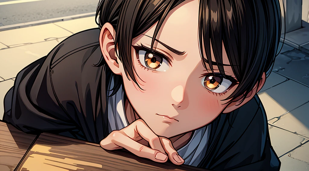 A  Boy Begging At The Road Anime Style Black Hairs And Brown Eyes and Bright Skin, Emotionless Face