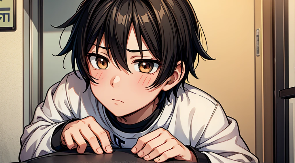 A  Boy Begging At The Road Anime Style Black Hairs And Brown Eyes and Bright Skin, Emotionless Face