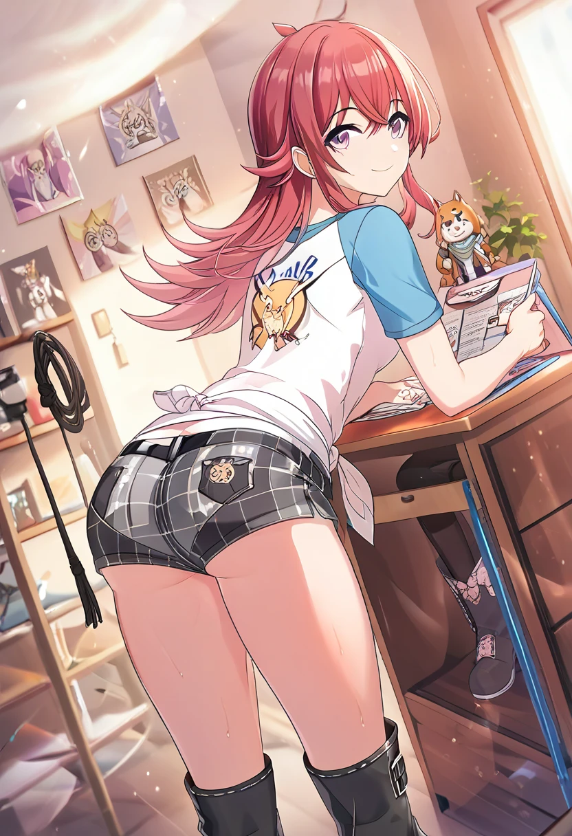 masterpiece,  top quality ,  high res, I,  long hair,  , clavicle,   print shirt ,  white shirt,  Raglan Sleeves, , clothes wrapped around the waist, Checked micro shorts, smile,  weaving,  leaning against the backrest , 、 whip、 long legs 、 thighs thighs thighs 、 eyes、smile、 is standing、 Sweating:1.5), ( steam:1.3), (((())))),、room、 nothing ,  one girl , ,},{{Alone, boyish 1 girl}}  is standing,,{18 years old}, leather boots} Highlight Thighs、 thighs thighs thighs 、 long legs 、Long legs、Thigh-length boots,assfocus,assbig