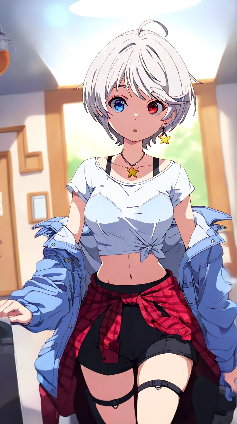 No bad hand, no bad finger, ultra detailed, silver hair, short hair,1girl, solo. Top:
Type of Clothing: A loose-fitting, long-sleeve crop top in white.
Design Details: It reveals the waist slightly, with a black sports bra visible underneath.
Accessory: A necklace with a gold star-shaped pendant hanging from the neck.
 Bottoms:
Shorts: Tight black shorts with a modern cut.
Details: Features white elastic straps connecting the shorts to a garter-style strap on the right thigh.
Additional Outerwear:
Type of Clothing: A red quilted flannel shirt or lightweight jacket tied casually around the waist.
 Additional Accessories:
Waist: A small metal chain hanging on the right side.
Right Thigh: An elastic garter-style strap, adding a futuristic and edgy look.
Physical Characteristics:
Hair: Short, silver-white hair with a slightly messy style and side-swept bangs.
Eyes: 
Heterochromia iridis),(left eye,Red eyes),(right eye,blue eyes),
General Vibe:
1girl, solo, young, medium breasts, ultra cute kawaii, Happy New Year, May 2025 be a wonderful year with happiness and success with you all, I hope to see you all again someday, \(postscript\) I have recently become interested in making fancy cake at home,