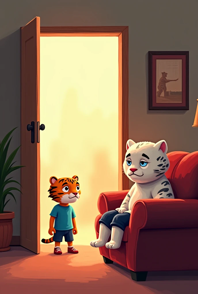 Ek ginger muscular cat jisne white shirt and pent pehni h or wo ek chote child jisne red t-shirts nikkar pehna h se chair par beth kar bat krte huye seen night ka h dono amne samne bethe chote child ke face par udasi h living room me bethe h
