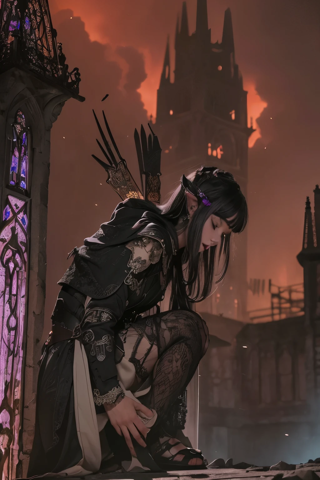 (Ultra-detailed face, Looking away, Gothic Illustration. Dark tone colors.), BREAK (The black moon rises in the bitterly cold winter sky. A medieval German monastery clock tower style building. The monastery is ravaged, burnt and crumbling from centuries of warfare. A viewpoint from above the spire looking down on the war-torn medieval cityscape. Black smoke is rising from everywhere and billowing in the wind.), BREAK (A female dark elf cleric crouches at the edge of the crumbling stone floor atop the clock tower spire, one hand up to the sky.), BREAK (She has white hair and eyebrows, very long messy hair that flutters in the strong wind, lavender eyes, small pink lips, dark purple skin, and dark, thick eyeliner. Half-closing her eyes, she chants a silent prayer of celebration.), BREAK (She wears a bandage around her neck and a scarred and torn gray cape dress with silver lace on the sleeves and collar. Around her waist she wears several layers of tattered bandages and a dagger decorated with archaic relief. They have bandages that have come undone from the knees down, and they are wearing braided sandals with damaged black laces.)